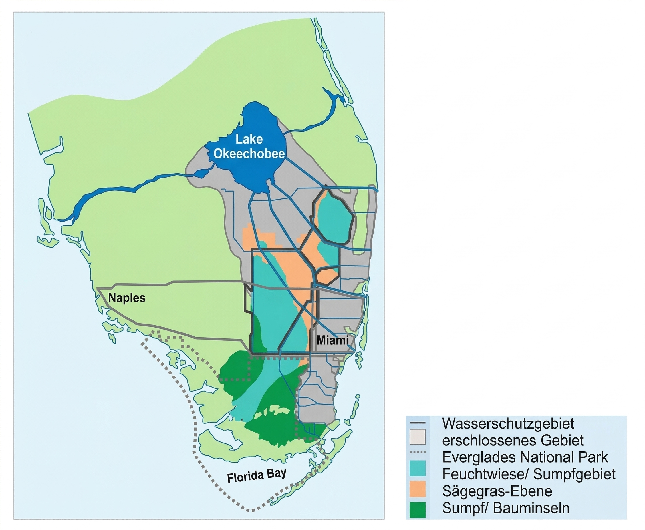 Karte von Südflorida mit Lake Okeechobee, Miami, Naples und Everglades sowie Legende zu Schutzgebieten.